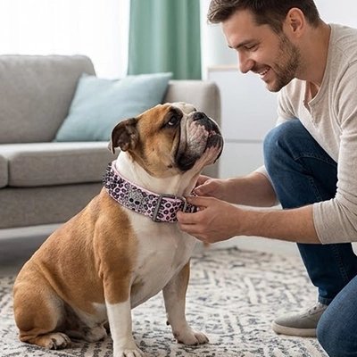 Collier Chien homme installant le collier en cuir rose de son bulldog