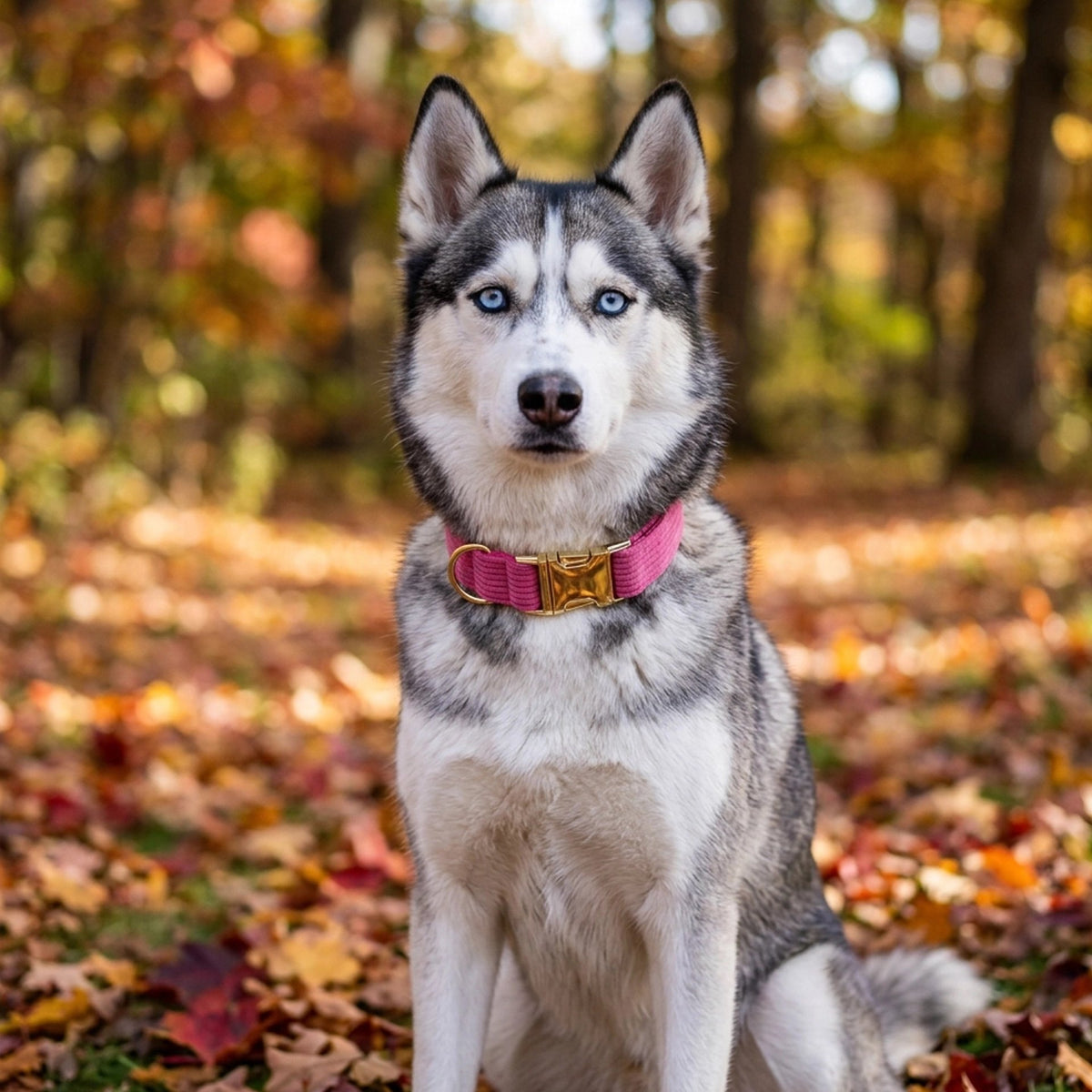 Collier Chien husky en foret avec son collier rose