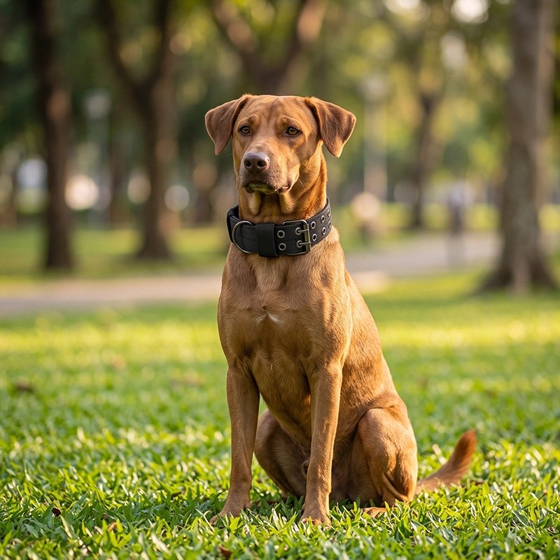 Collier Chien labrador assis dans un parc avec son collier noir