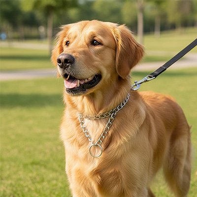 Collier Chien labrador blond en promenade au parc avec son collier