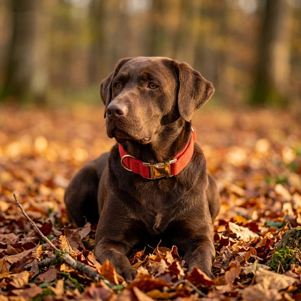 Collier Chien labrador brun avec son collier rouge dans un parc a chien