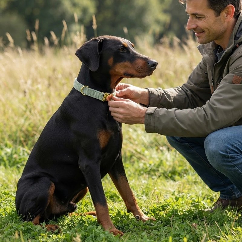 Collier Chien mix labrador brun et noir avec son collier vert dans un parc