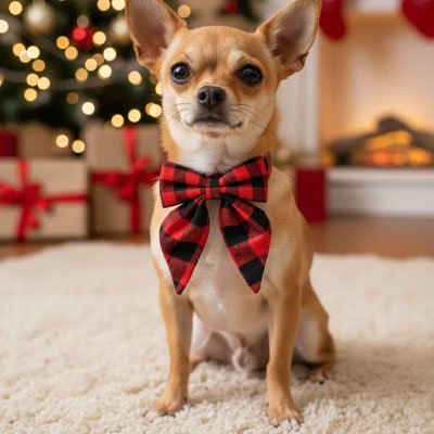 Collier Chien petit chiwawa  assis au pied de l'arbre de noel avec son noeud papillon