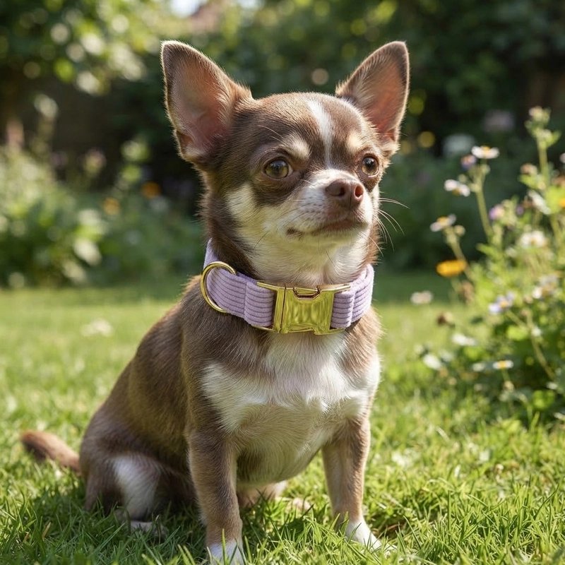 Collier Chien petit chiwawa dans um parc avec son collier mauve