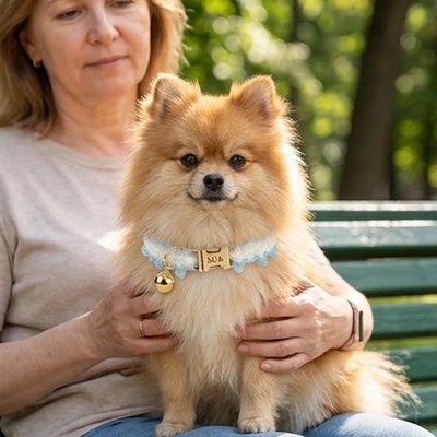 Collier Chien Petit poménarien assis sur son maitre avec son collier bleu