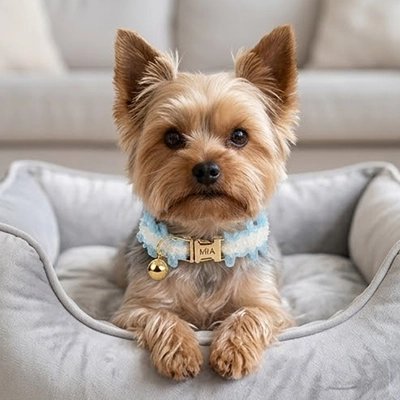 Collier Chien petit yorkshire avec son collier bleu et sa petite clochette 