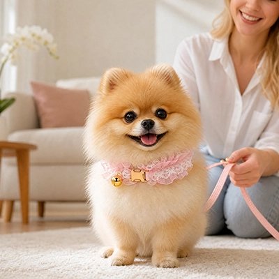Collier Chien Petite poménarien exibant fièrement son beau collier rose