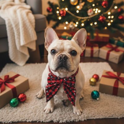 Collier Chien pog assis a l'avant de l'arbre de noel avec son noeud papillon