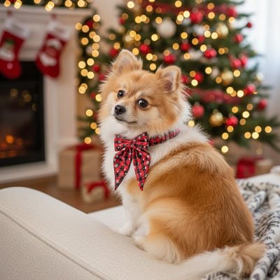 Collier Chien poménarien assis sur le divan tout près de l'arbre de noel