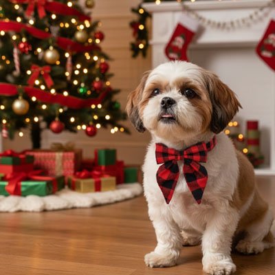 Collier Chien shih tzu assis au pied de l'arbre de noel avec son noeud papillon