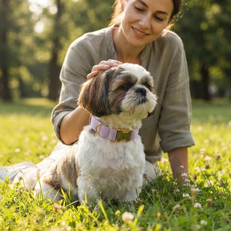 Collier Chien shih tzu ce fesant caresser par sa maitresse avec son collier mauve
