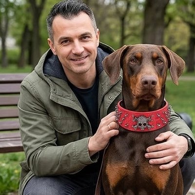 Collier Chienhomme avec son chien brun portant son collier en cuir rouge