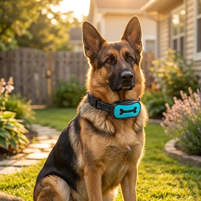 Collier de dressage pour Chien berger allemand assis dans un parc avec son collier de dressage bleu