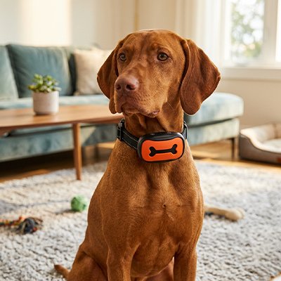 Collier de dressage pour Chien chien de chasse assis dans son salon avec son collier de dressage orange