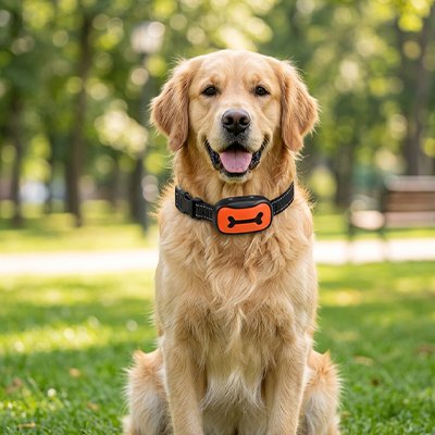 Collier de dressage pour Chien golden retriver assis dans un parc avec son collier de dressage orange