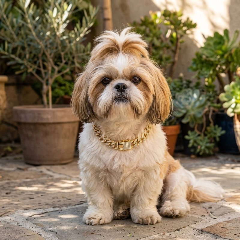 Collier pour Chien shih tzu beige assis dans un parc avec son collier or métallique