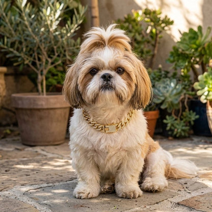 Collier pour Chien shih tzu beige assis dans un parc avec son collier or métallique