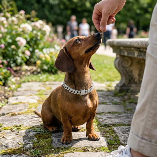 Collier pour Chien teckel avec son collier gris métallique dans un parc revenant une gaterie par son maitre