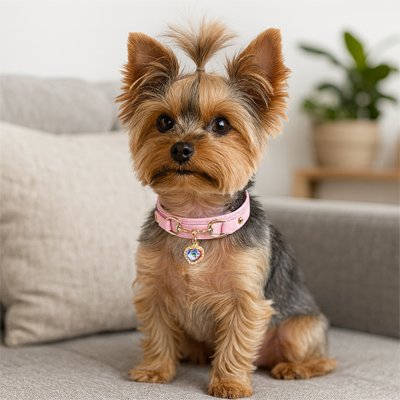 Collier pour Chien yorkshire posant sur un canapé avec son collier rose