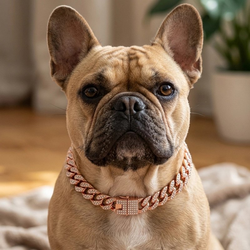 Collier pour Chienpog assis dans la maison avec son collier rose dorée mÉtallique