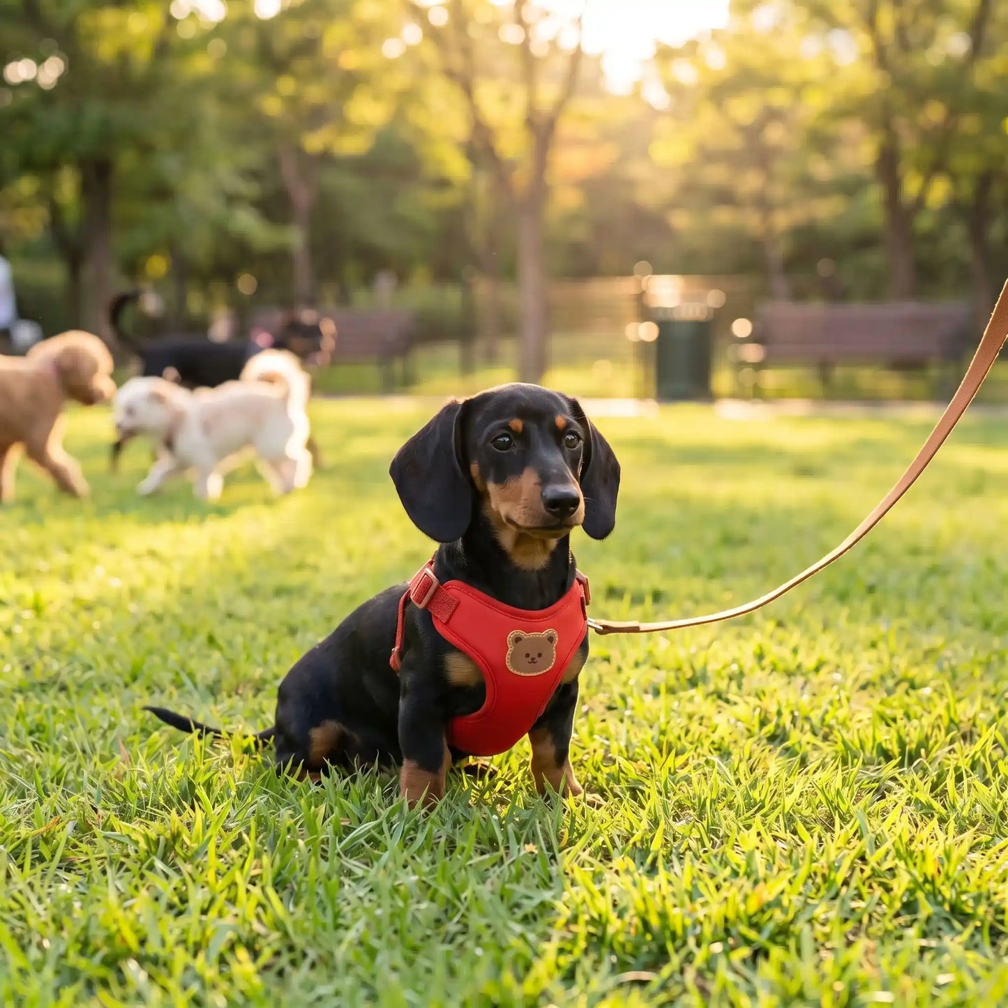 teckel noir et feu assis dans un parc a chien avec son harnais rouge