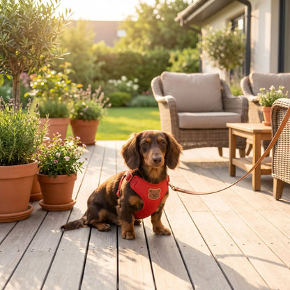 chiot teckel chocolat assis sur une terrasse avant sa promenade avec son harnais