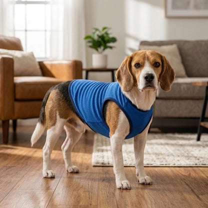 Gilet rafraichissant chien beagle pret pour sa balade avec son gilet rafraichissant bleu
