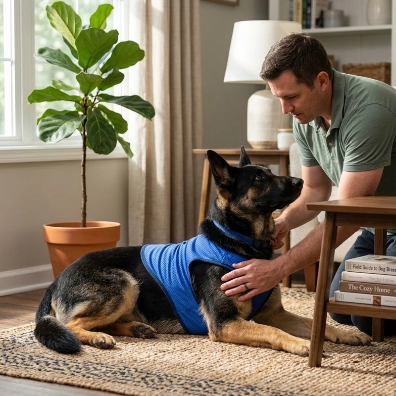 Gilet rafraichissant chien berger allemand se fesant mettre son gilet refraichisant bleu par son maitre avant la promenade