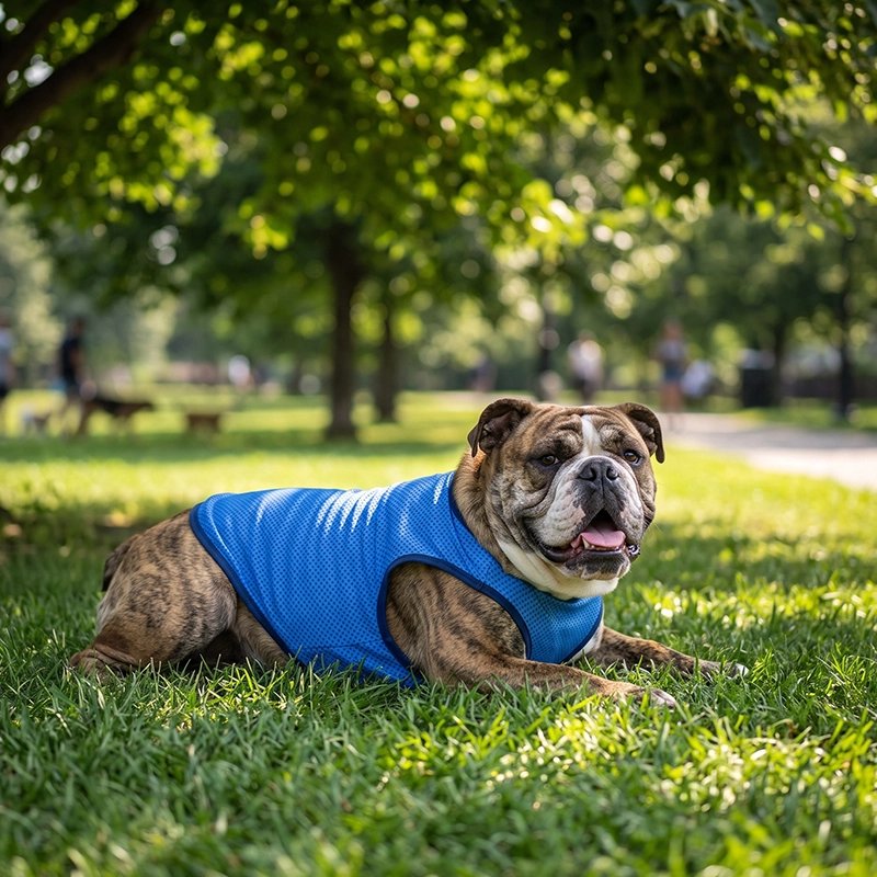 Gilet rafraichissant chien bul dog étendue dans un parc avec son gilet rafraichissant bleu