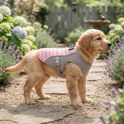 Gilet rafraichissant chien chiot golden retriver dans le jardin avec son gilet rafraichissant gris et rose