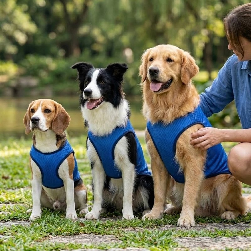 Gilet rafraichissant chien démonstration des grandeurs de gilet rafraichissant sur différente race de chien