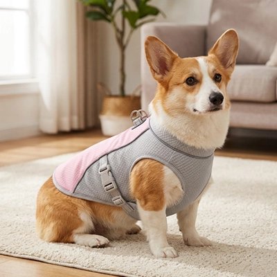 Gilet rafraichissant chien Gorky avec son gilet rafraichissant gris et rose dans le salon
