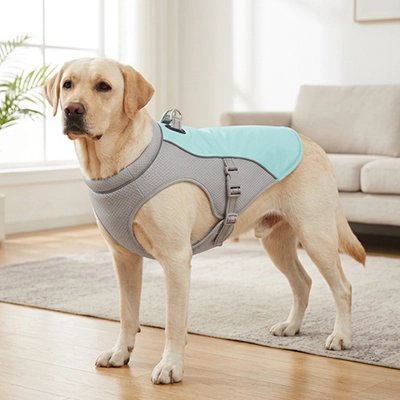 Gilet rafraichissant chien labrador blond dans le salon avec son gilet rafraichissant gris et vert
