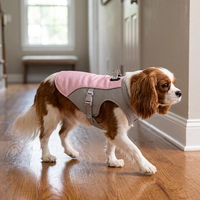 Gilet rafraichissant chien pékinois attendant sa promenade avec son gilet rafraichissant gris et rose