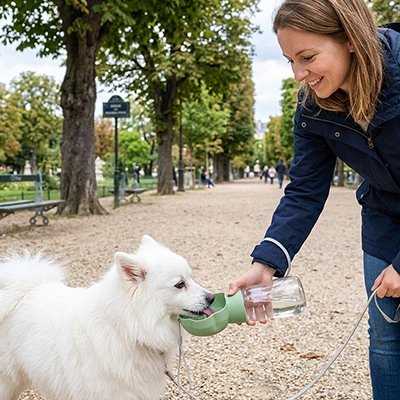 Gourde Chien chien blanc s'abreuvant avec la gourde que la femme lui présente