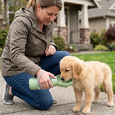 Gourde Chien chiot golden buvant durant sa promenade