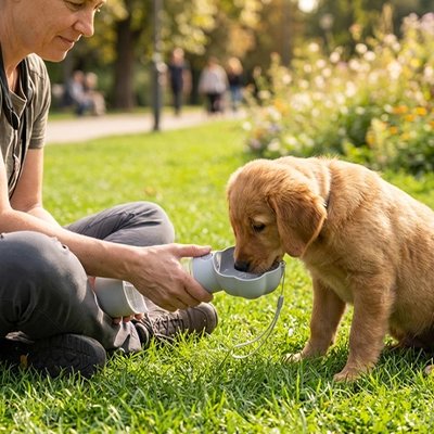 Gourde Chien chiot golden retriver s'abreuvant avec sa gourde dans un parc
