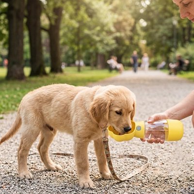 Gourde Chien chiot golden retriver se désaltérant avec ca belle gourde jaune 