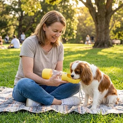 Gourde Chien cocker blanc roux s'abreuvant avec sa gourde que lui tend sa maitresse