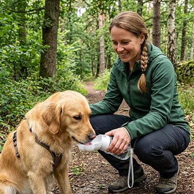 Gourde Chien femme dans une foret entrain d'hydrater son golden retriver