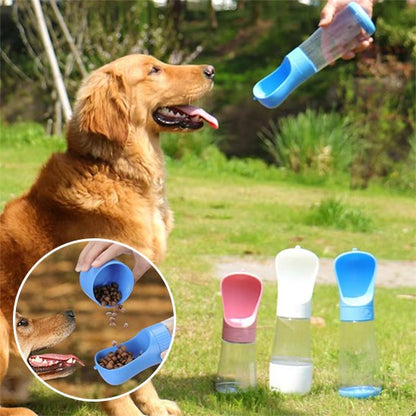 Gourde chien golden retriver avec les bouteille rose,blanche et bleu dans un parc