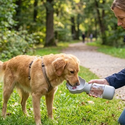 Gourde Chien golden retriver buvant avec sa gourde par une journée chaude au parc