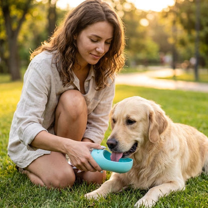 Gourde Chien golden retriver s'abreuvant dans un parc avec sa gourde verte 