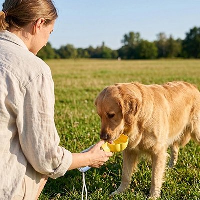 Gourde Chien golden s'abreuvant avec la gourde jaune que son maitre lui présente