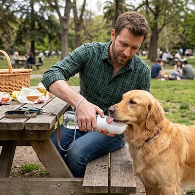 Gourde Chien homme en pique-nique dans un parc donnant a boire a son golden retriver