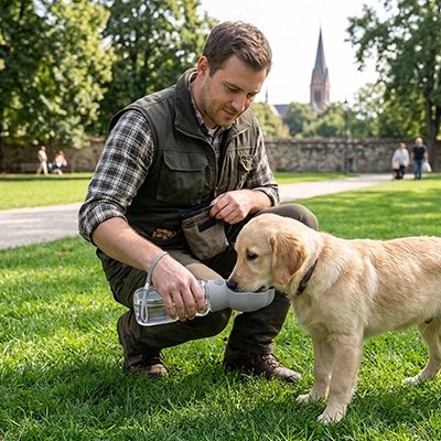 Gourde Chien homme sur la rue abreuvant son chiot golden retriver