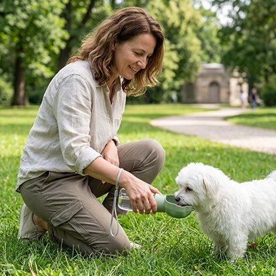 Gourde Chien michon s'abreuvant avec la gourde que sa maitresse lui présente