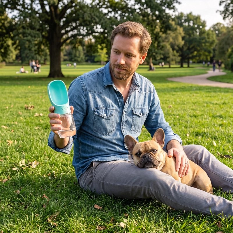 Gourde Chien pog appuyer sur son maitre qu tien une gourde verte
