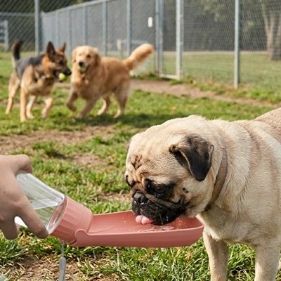 Gourde Chien pog s'abreuvant avec la bouteille rose