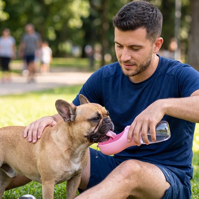 Gourde Chien pog s'abreuvant avec sa gourde rose dans un parc
